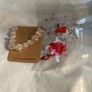 Vintage Dalmatian Puppy Love Letters bag holding Pink and White Bracelet